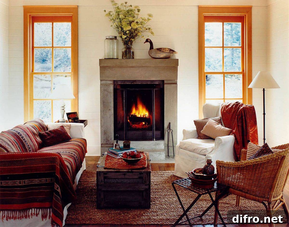Fireplace, throws, and neutral backdrop give a cozy modern rustic vibe