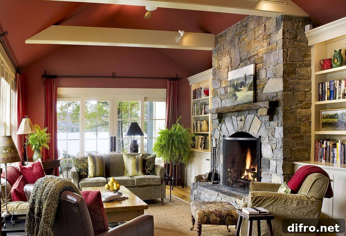 Fireplace brings together different rustic elements in a modest living space