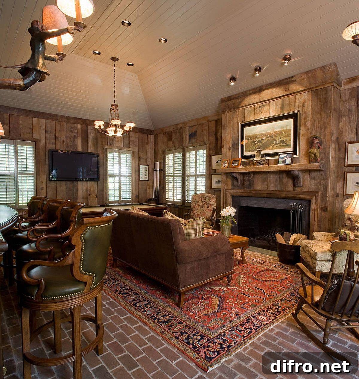 Small cozy rustic living room with wooden walls