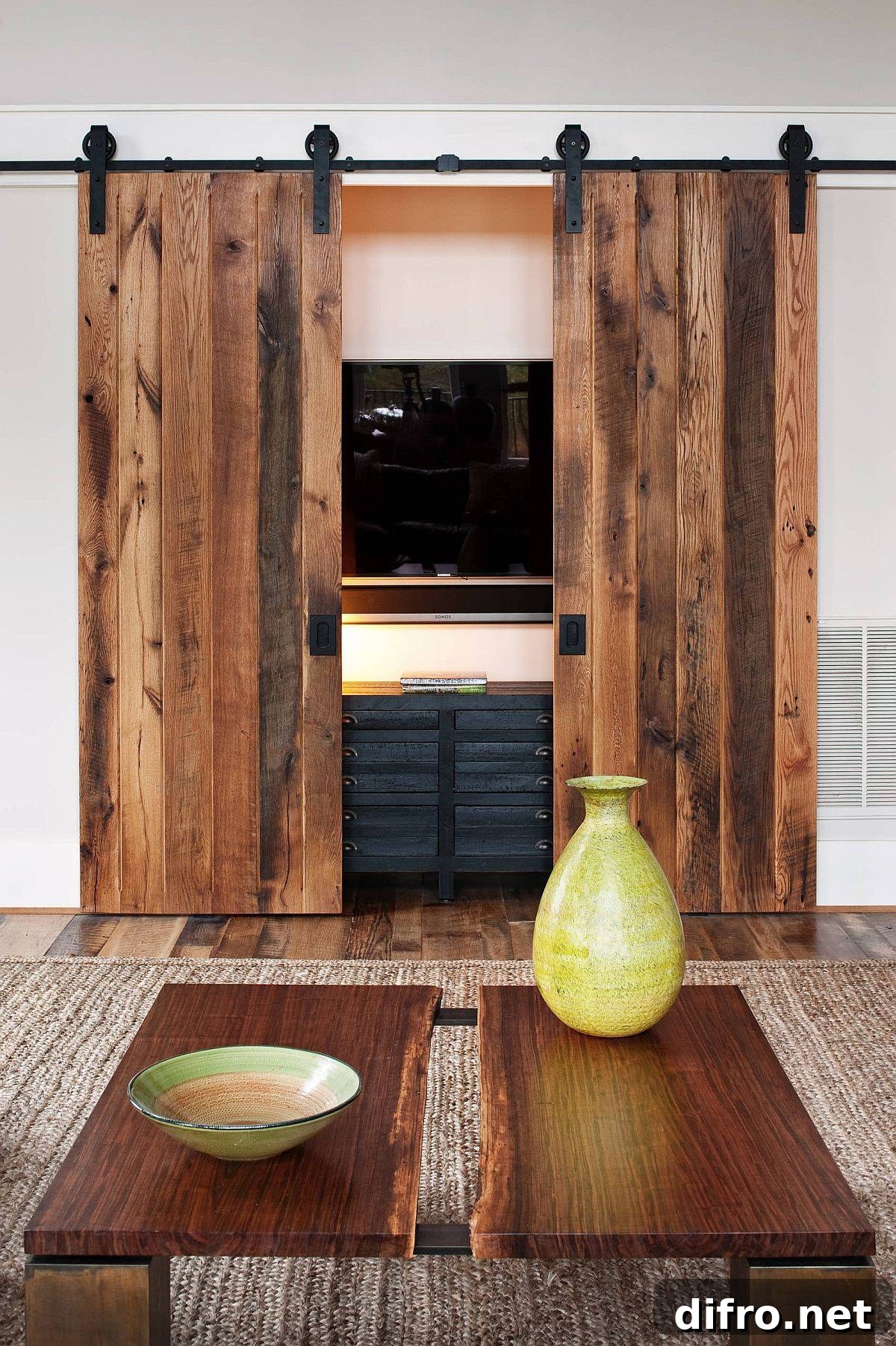 Sliding barn doors for TV unit bring rustic charm