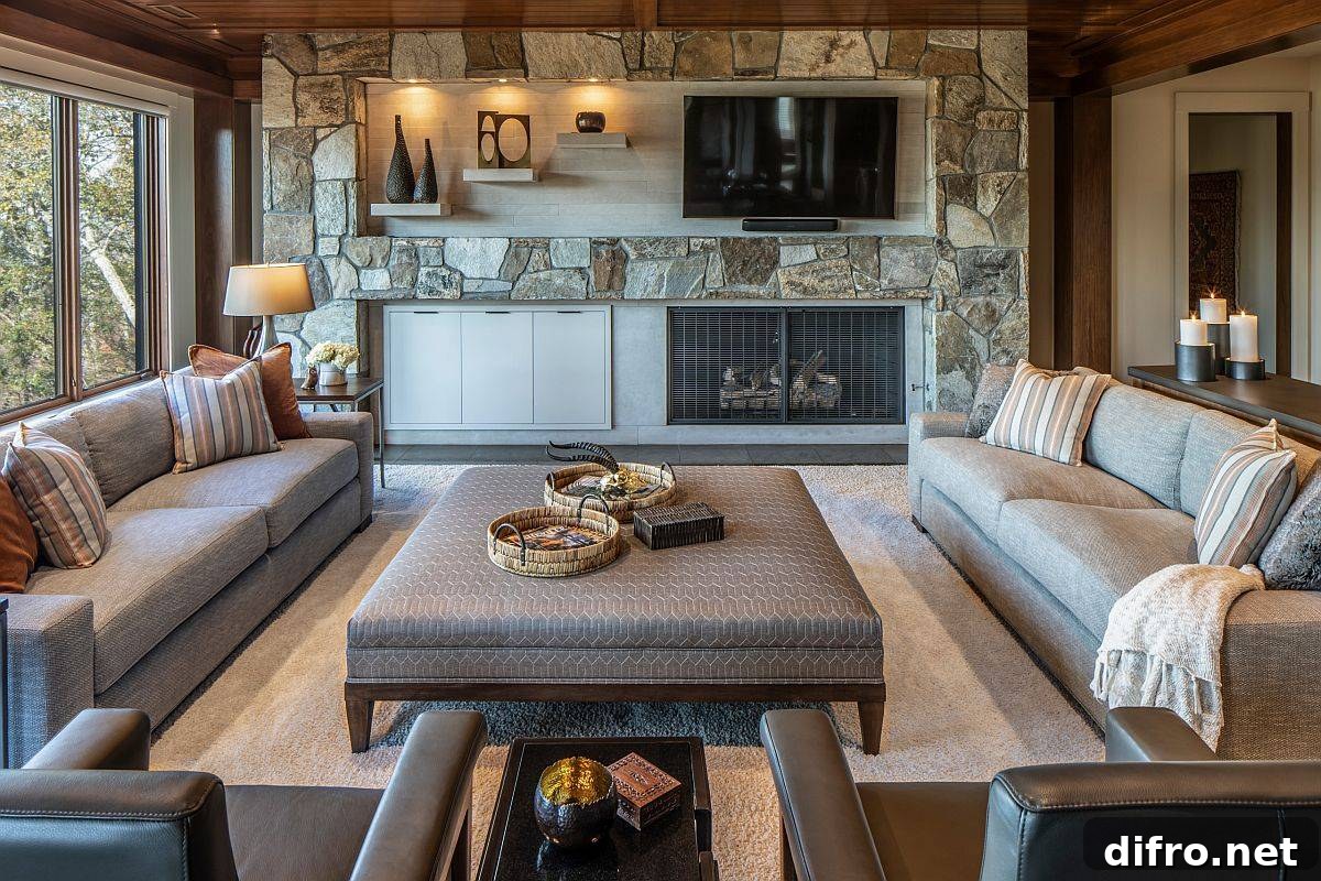 Incorporating stone into a small modern rustic living room
