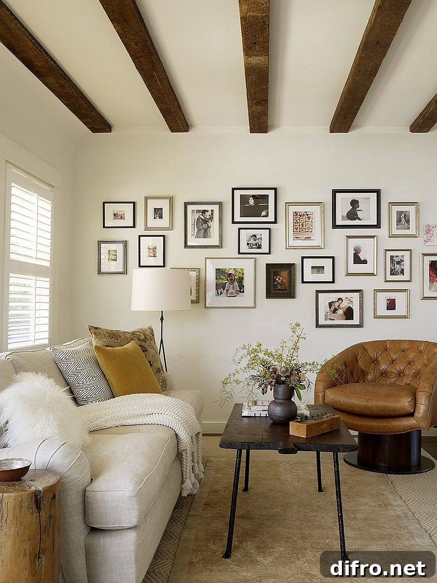 Ceiling beams accentuate the rustic appeal of a small living room