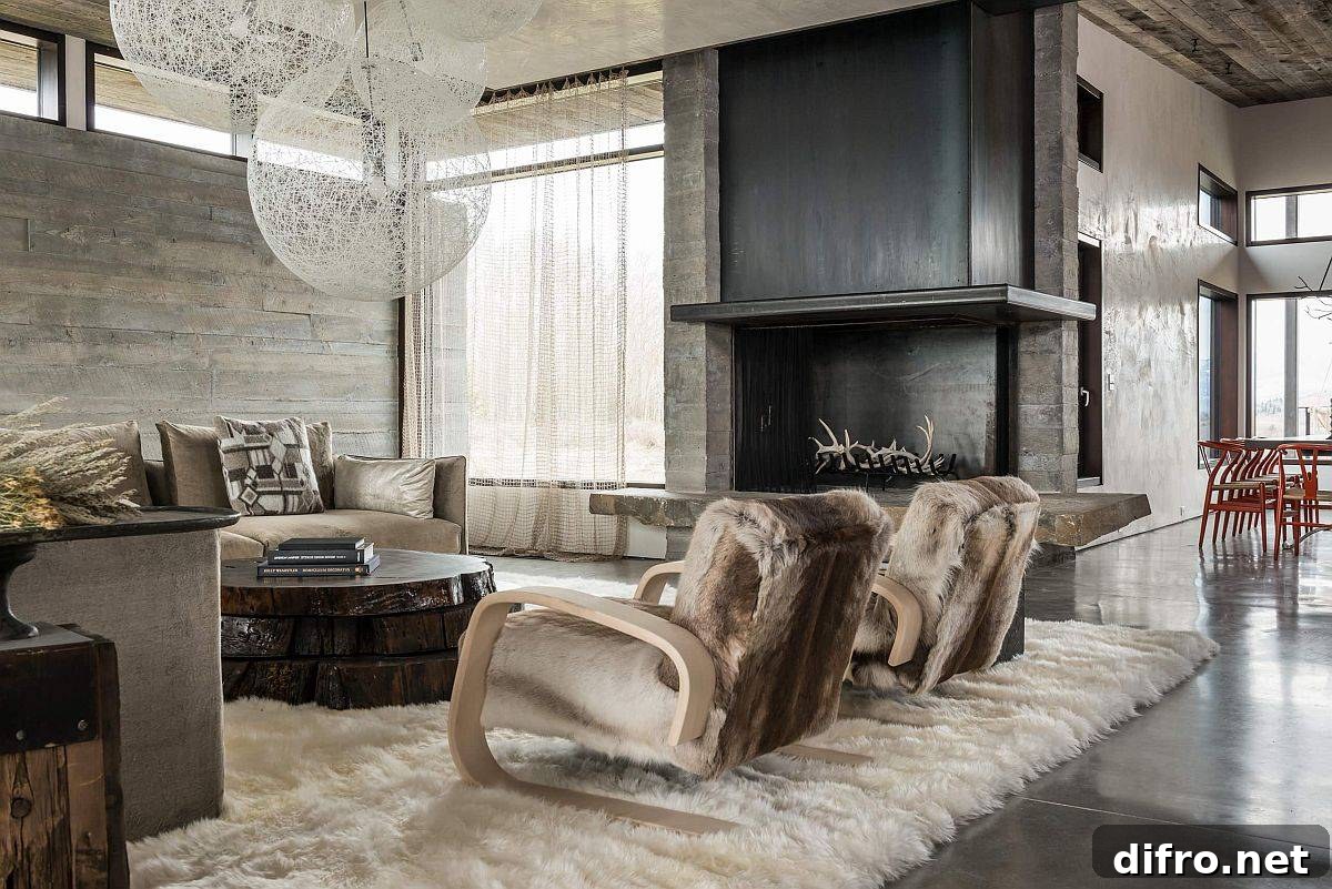 Plush rug and cozy chairs create a winter-ready living space