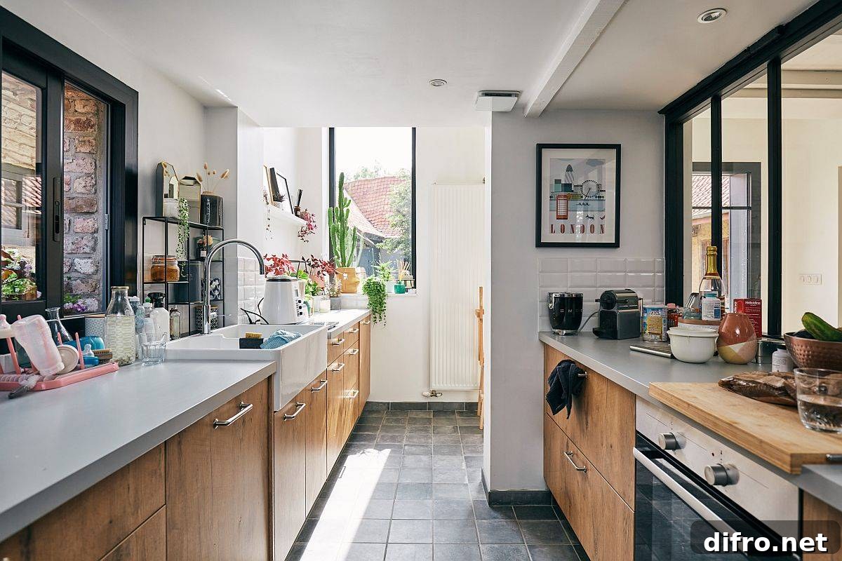 Narrow, light-filled farmhouse kitchen