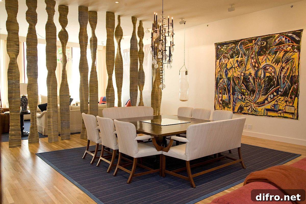 Artistic room divider between dining and living area