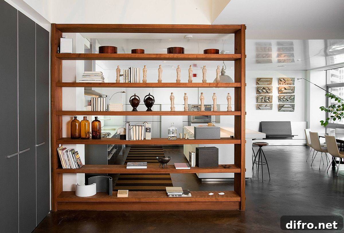 Minimal wooden bookshelf room divider