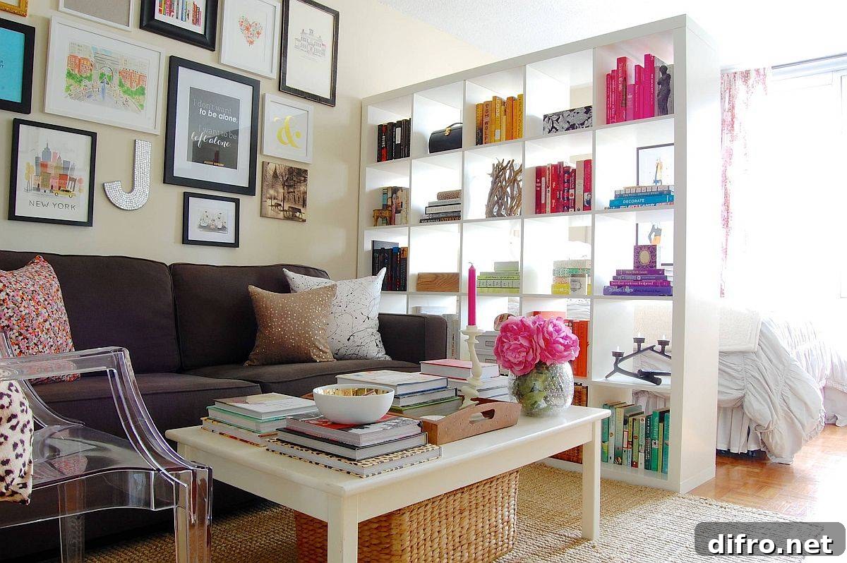 White bookshelf divider in a studio apartment