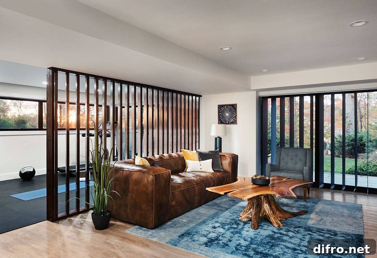 Wood slat room divider in a modern home