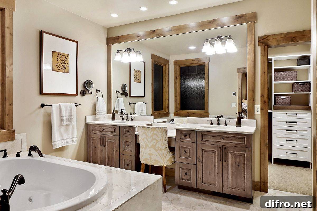 Vanity with wooden frames in modern rustic bathroom