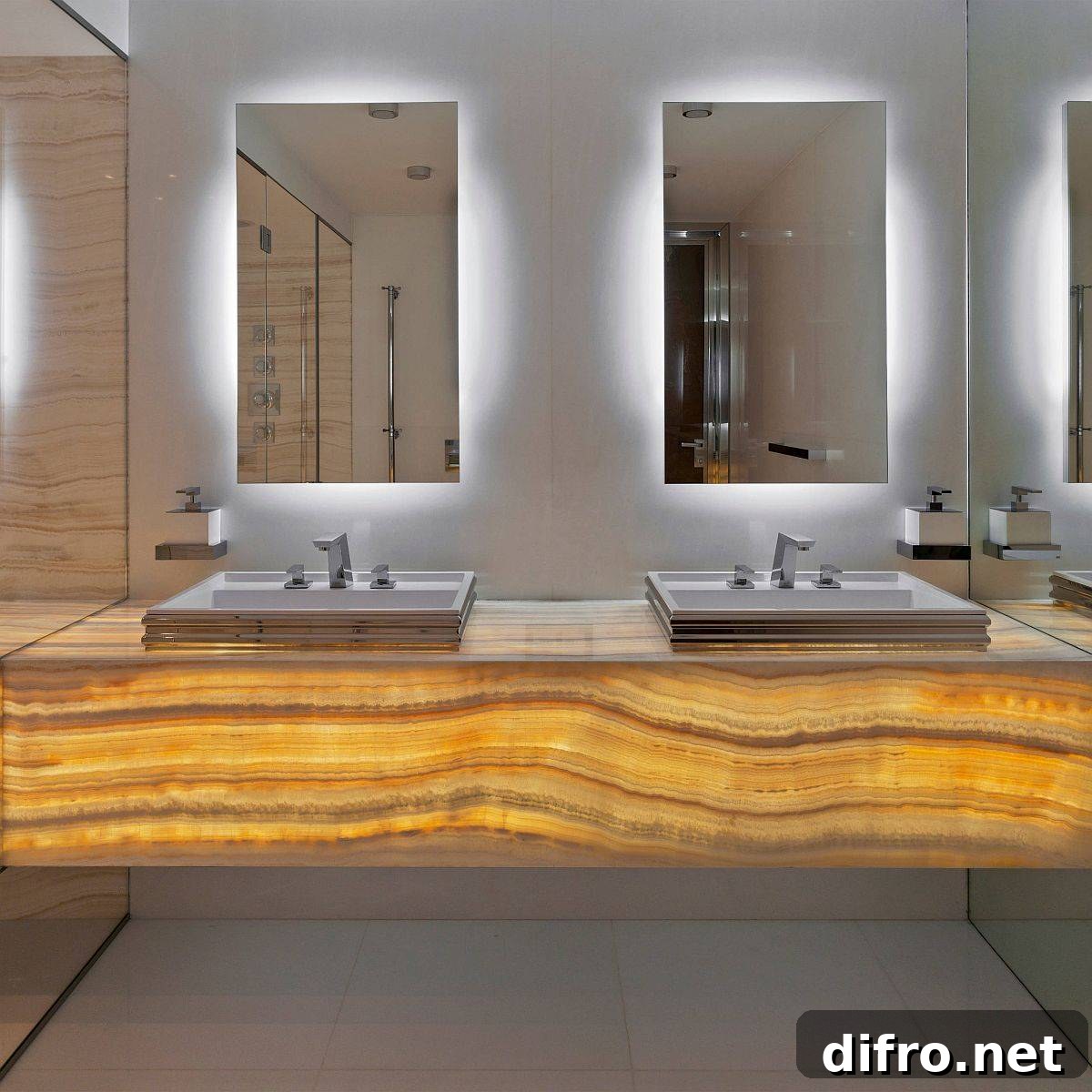 Luxurious bathroom with back-lit onyx countertops