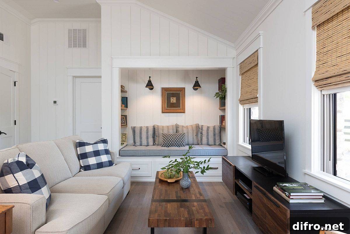 Niche with built-in bench ideal for a beach-style family room