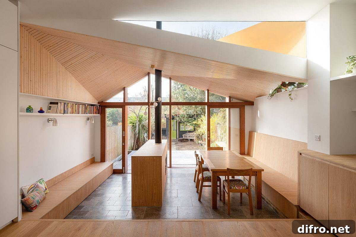 Wrap-around built-in bench brightens and redefines a family room