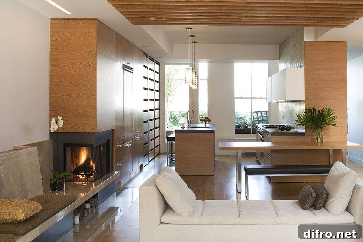Small built-in bench next to the fireplace is a great place to rest and relax