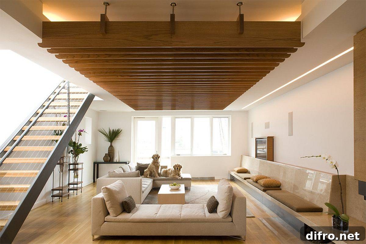 Stone built-in bench extends the length of the family room