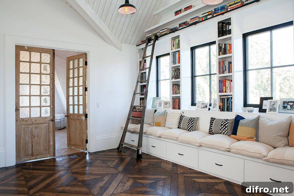Large white bench with ample drawer space and surrounding bookshelves