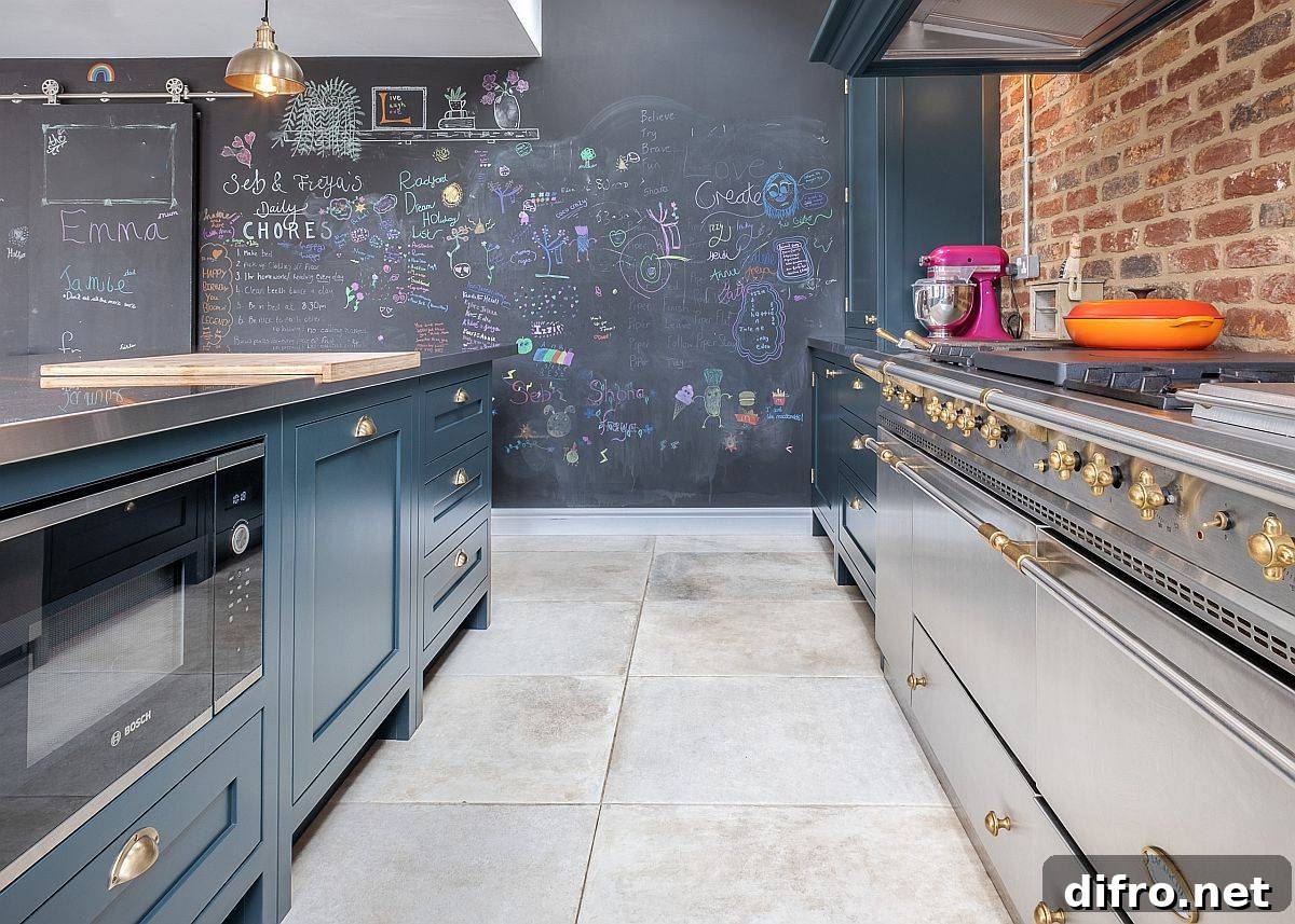 Exquisite modern industrial style kitchen with exposed brick wall section and a chalkboard wall in the backdrop