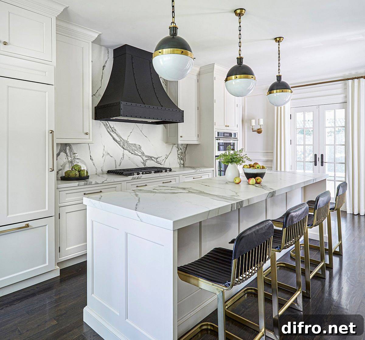 Range and hood add color and contrast to this lovely kitchen in white