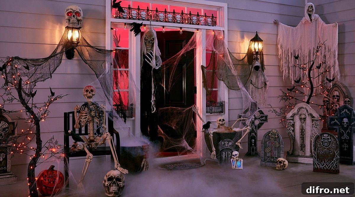 Front porch decorated for Halloween with pumpkins and spooky accents