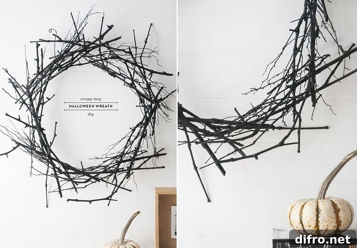 Minimal dark twig wreath for Halloween