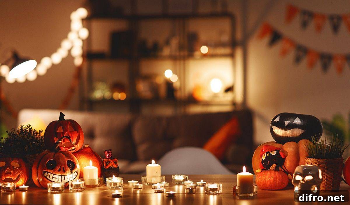 Candles and pumpkins arranged for minimalist Halloween décor