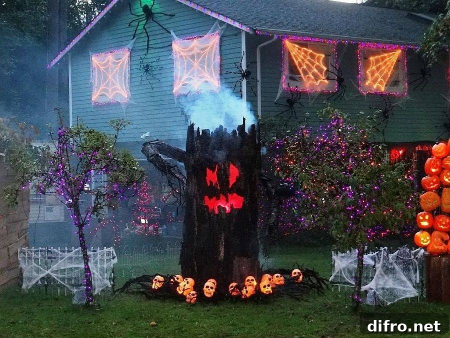 Spooky porch that becomes dramatic after dark