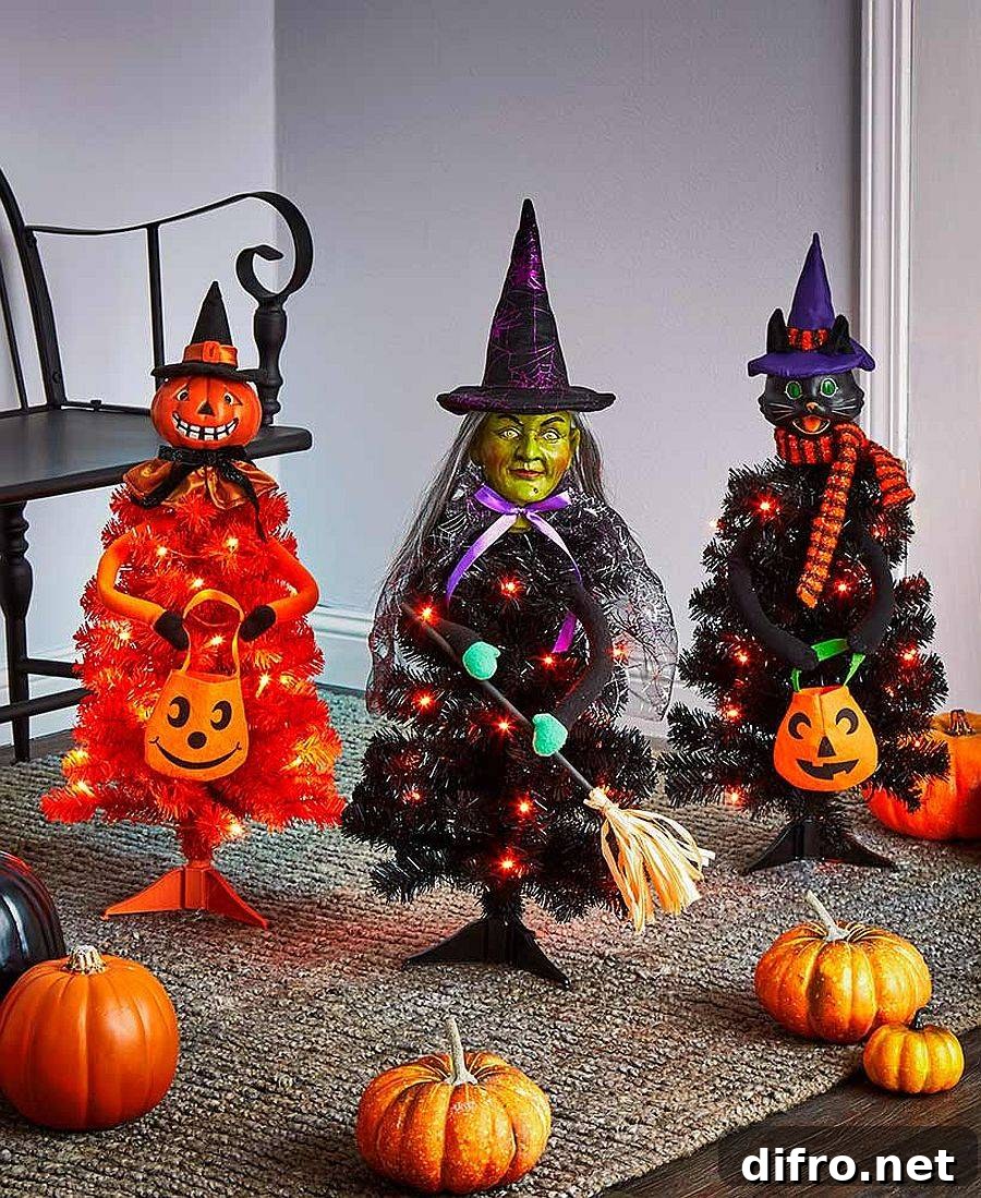Illuminated Halloween character trees as seasonal décor