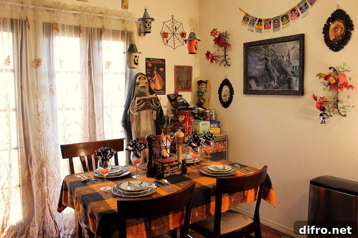 Kitchen transformed with Halloween-themed decorations