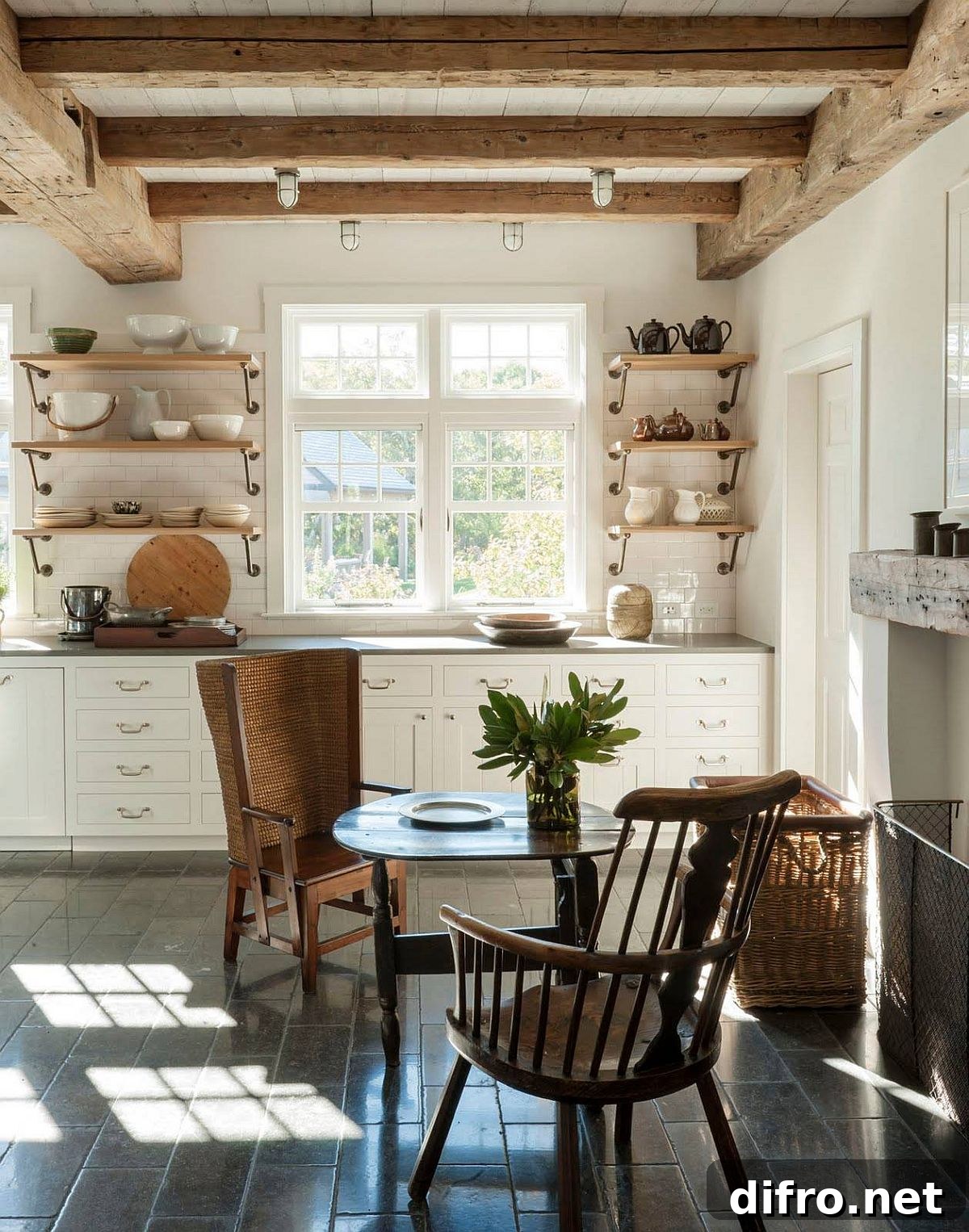 Traditional wood and white single-wall kitchen with shelves and beams