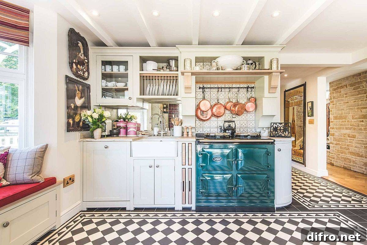 Single-wall kitchen with cozy window nook