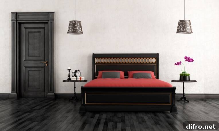 Black door framed by contrasting decor