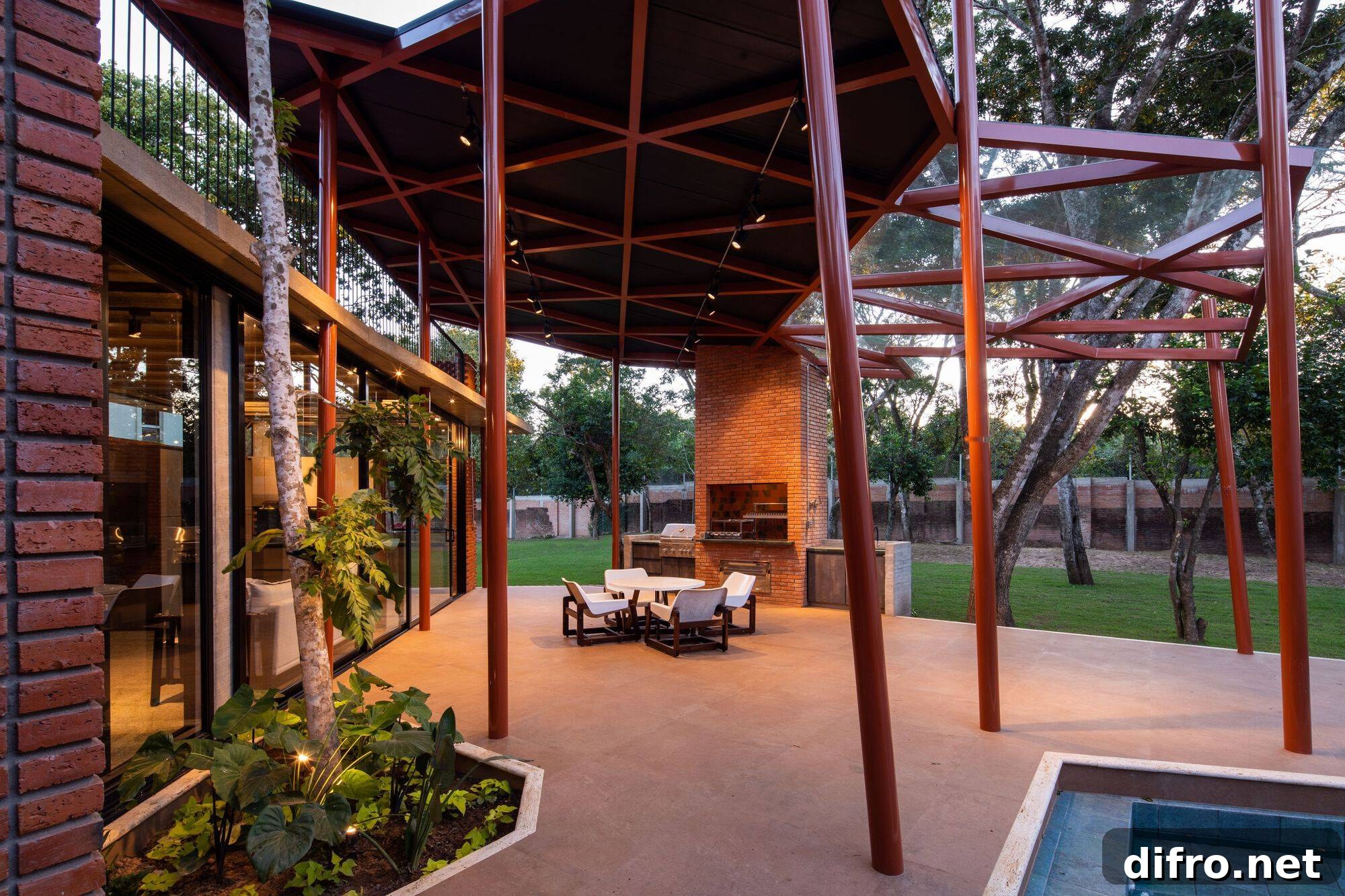 Metal beams support the upper level and create an open sitting area
