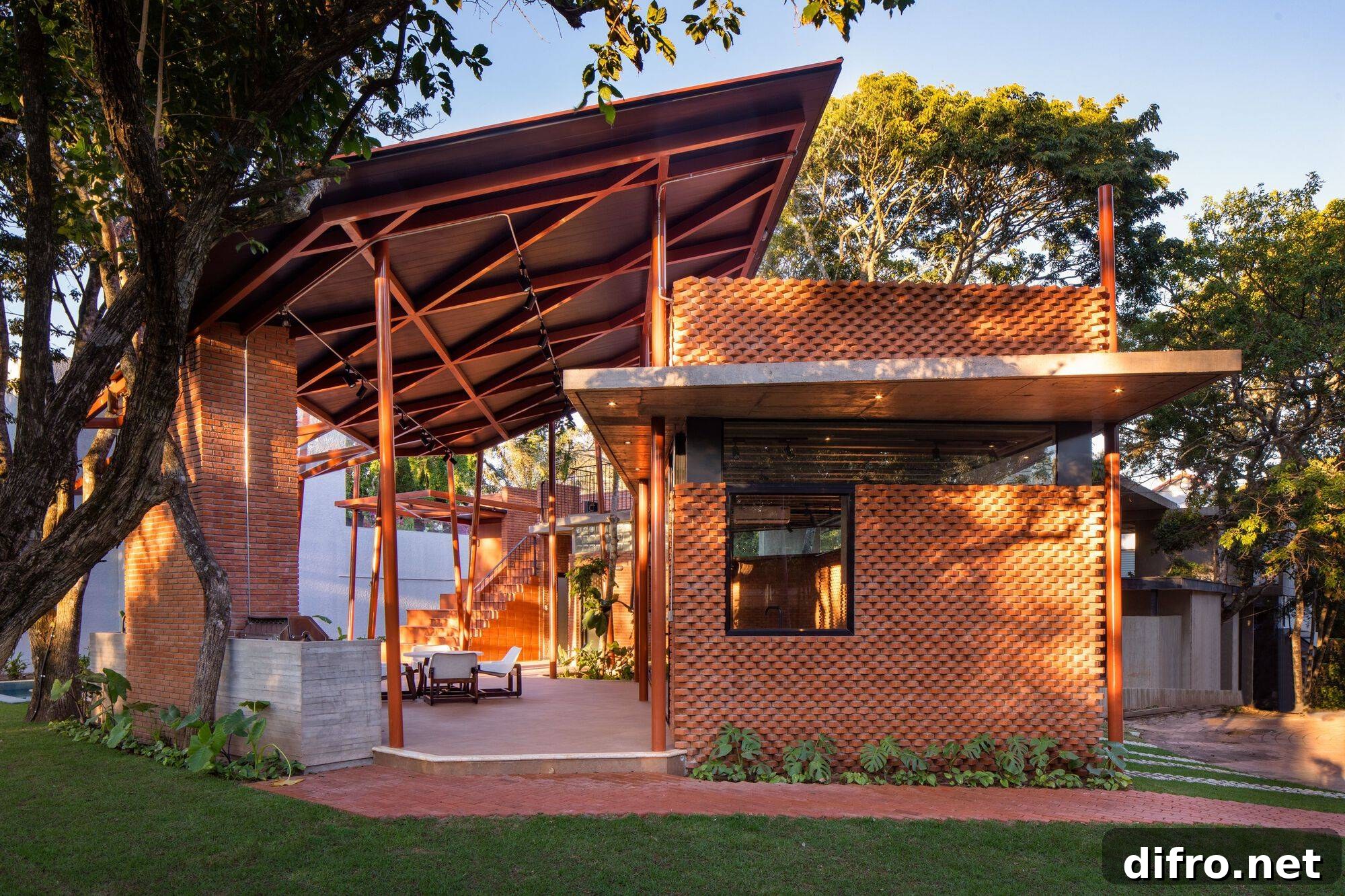 Traditional materials combined with modern form in this clay brick backyard retreat