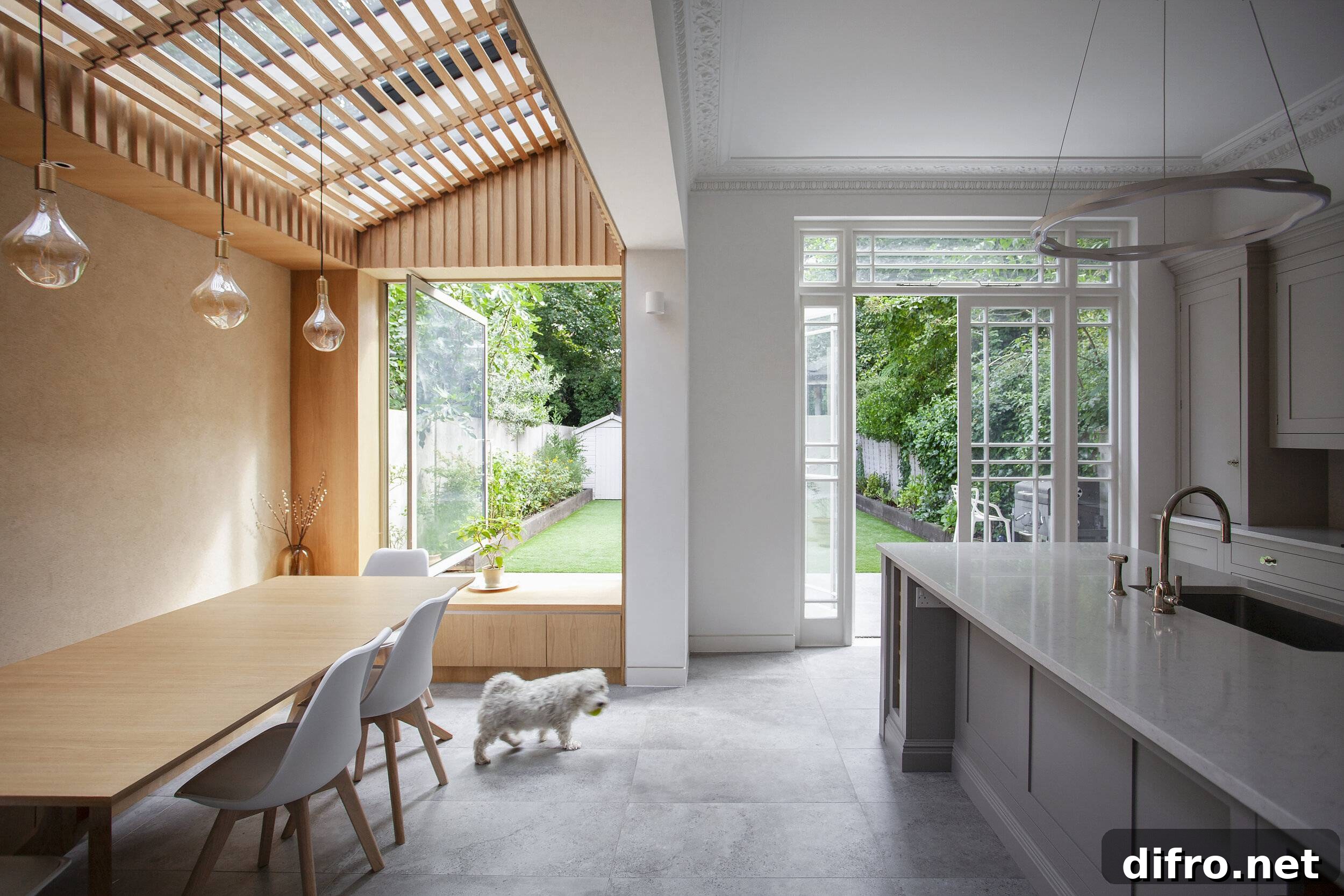 Old side return transformed into modern kitchen and dining area