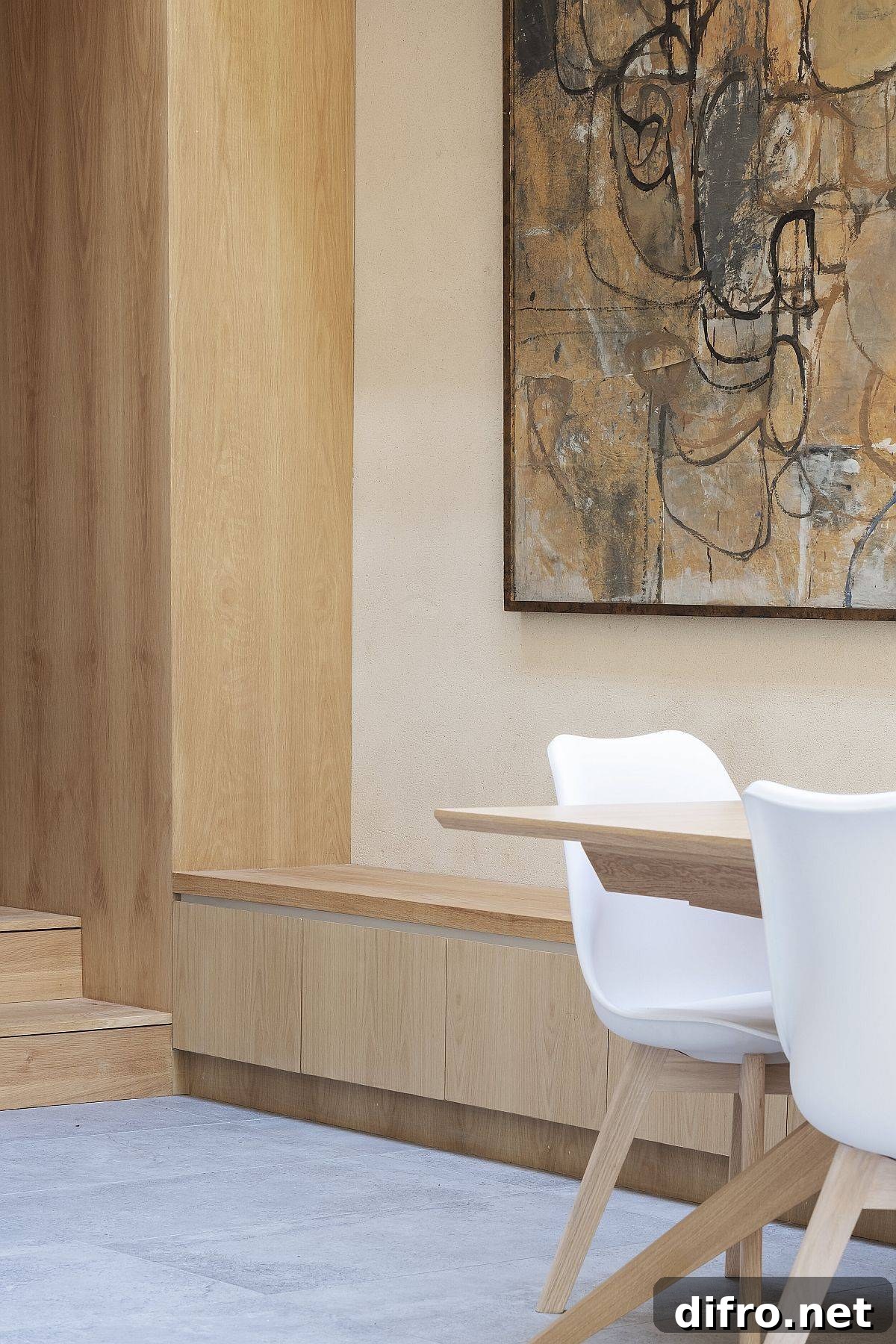 Custom built-in wooden bench around the dining area