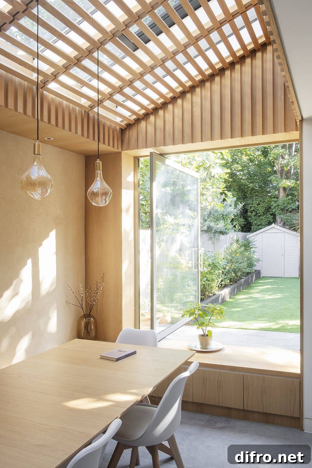 Large window in the dining area with a slated wooden ceiling