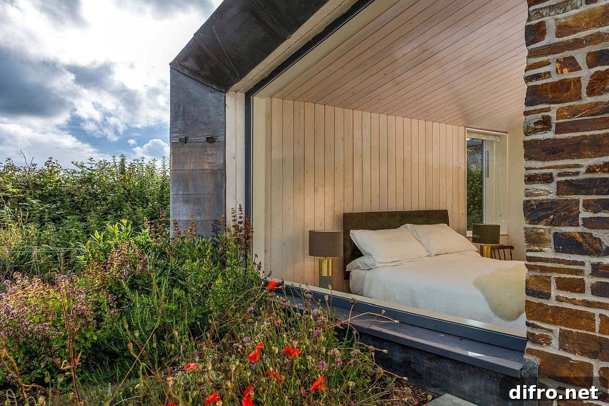 Framed bedroom window with garden view