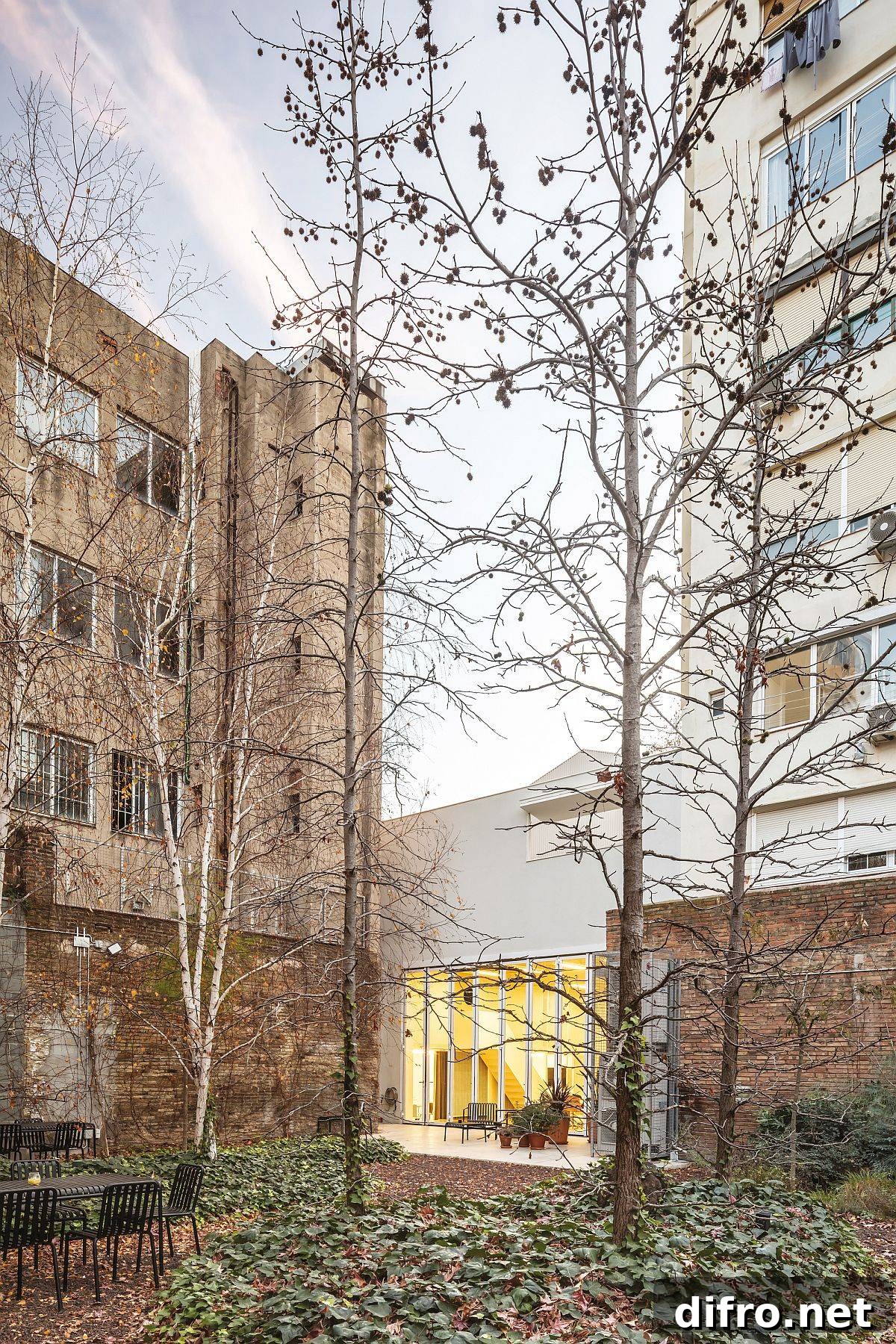 Outdoor area around the renovated warehouse that is natural and uncurtailed