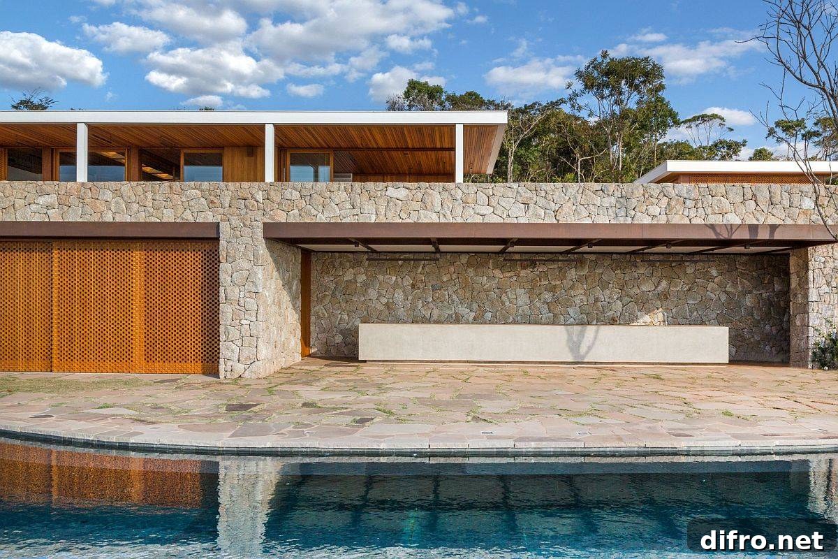 Natural stone and wood combine in the home's exterior