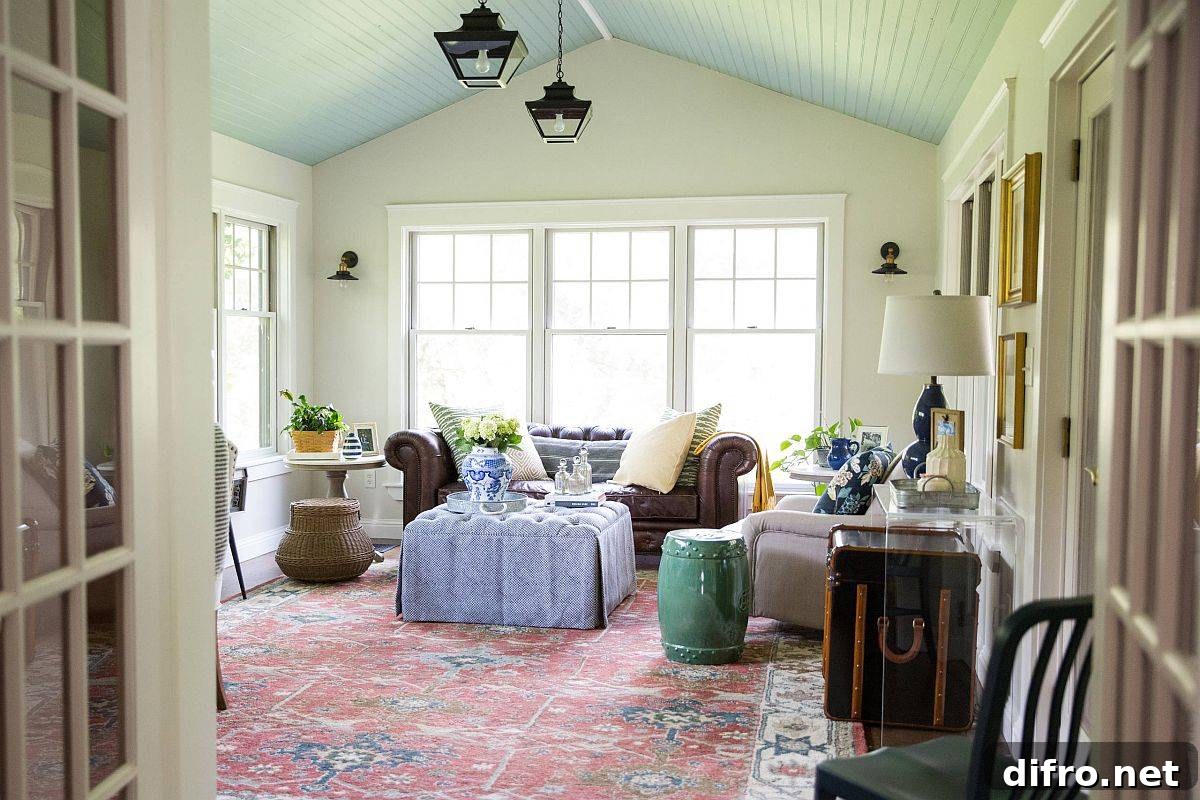 Green-painted ceiling in a farmhouse-style living room
