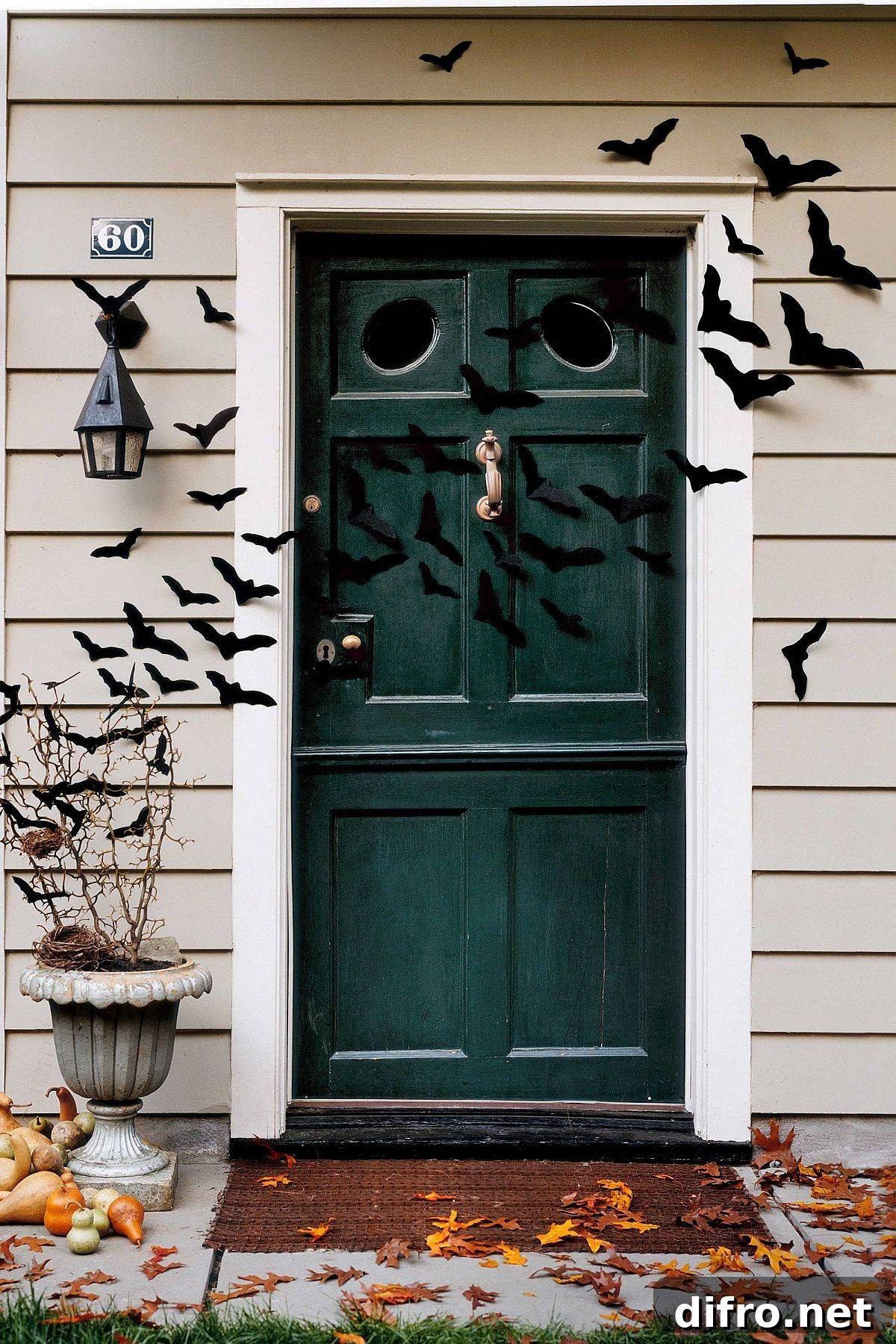 Bat cut-outs and pumpkins at the entry