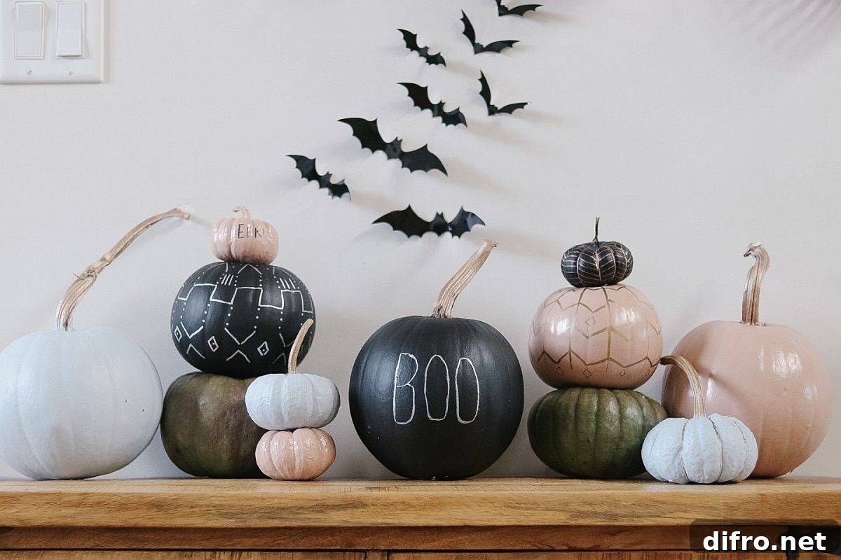 Minimal decor with bats, pumpkins, and skulls