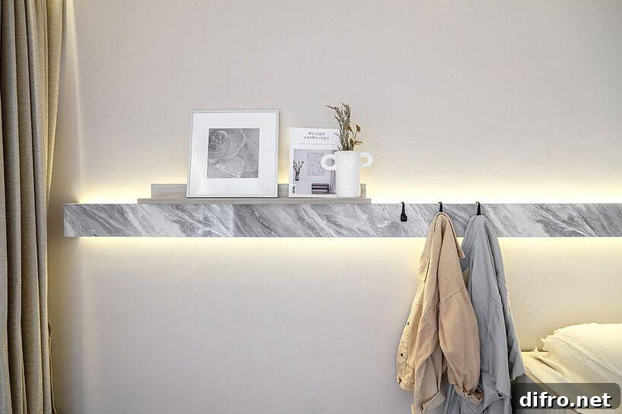 Slim floating shelf in stone providing storage
