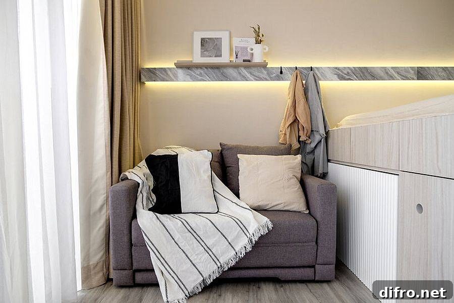 LED strip lighting illuminates floating shelf