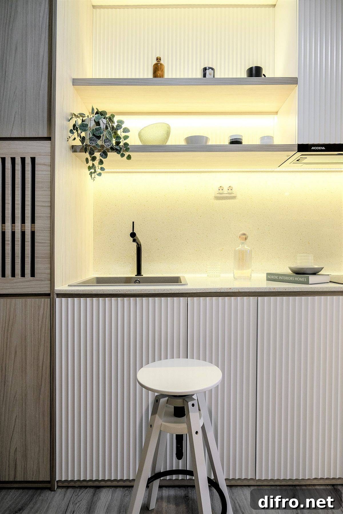 Tiny kitchen with standout lighting