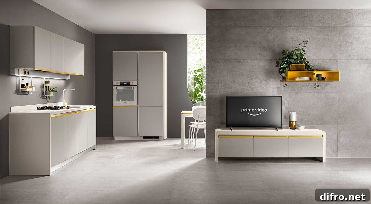 Gray and white kitchen with a touch of yellow integrating with living room