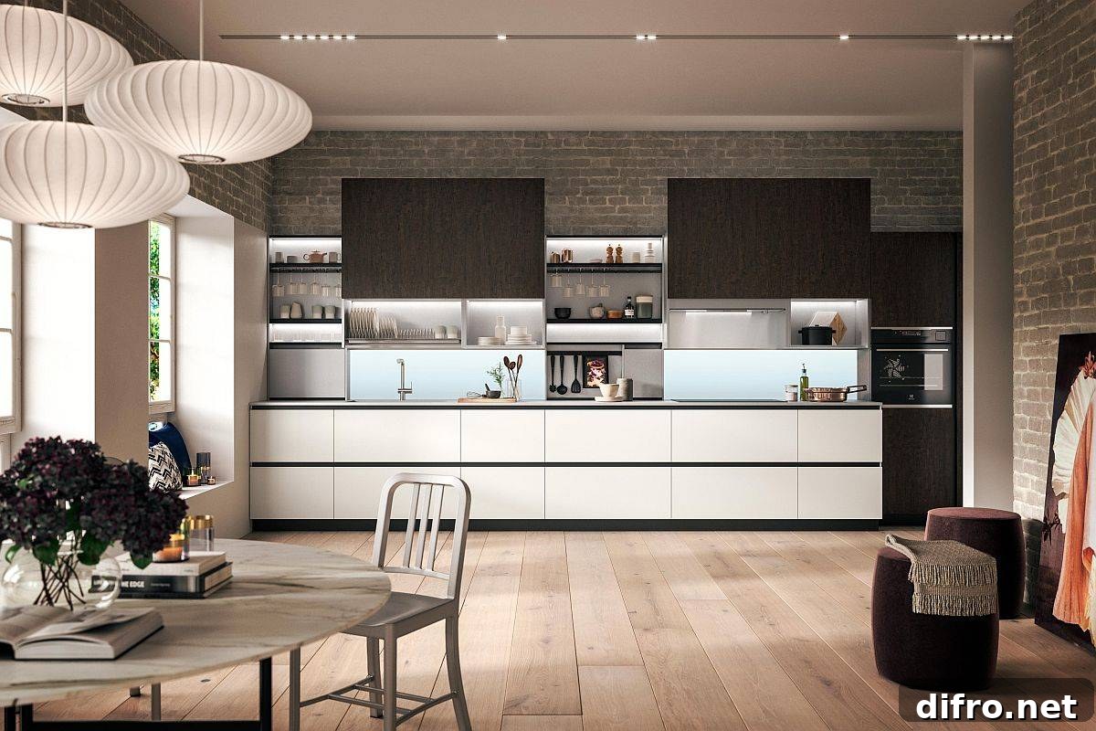 Single-wall kitchen with exposed brick wall