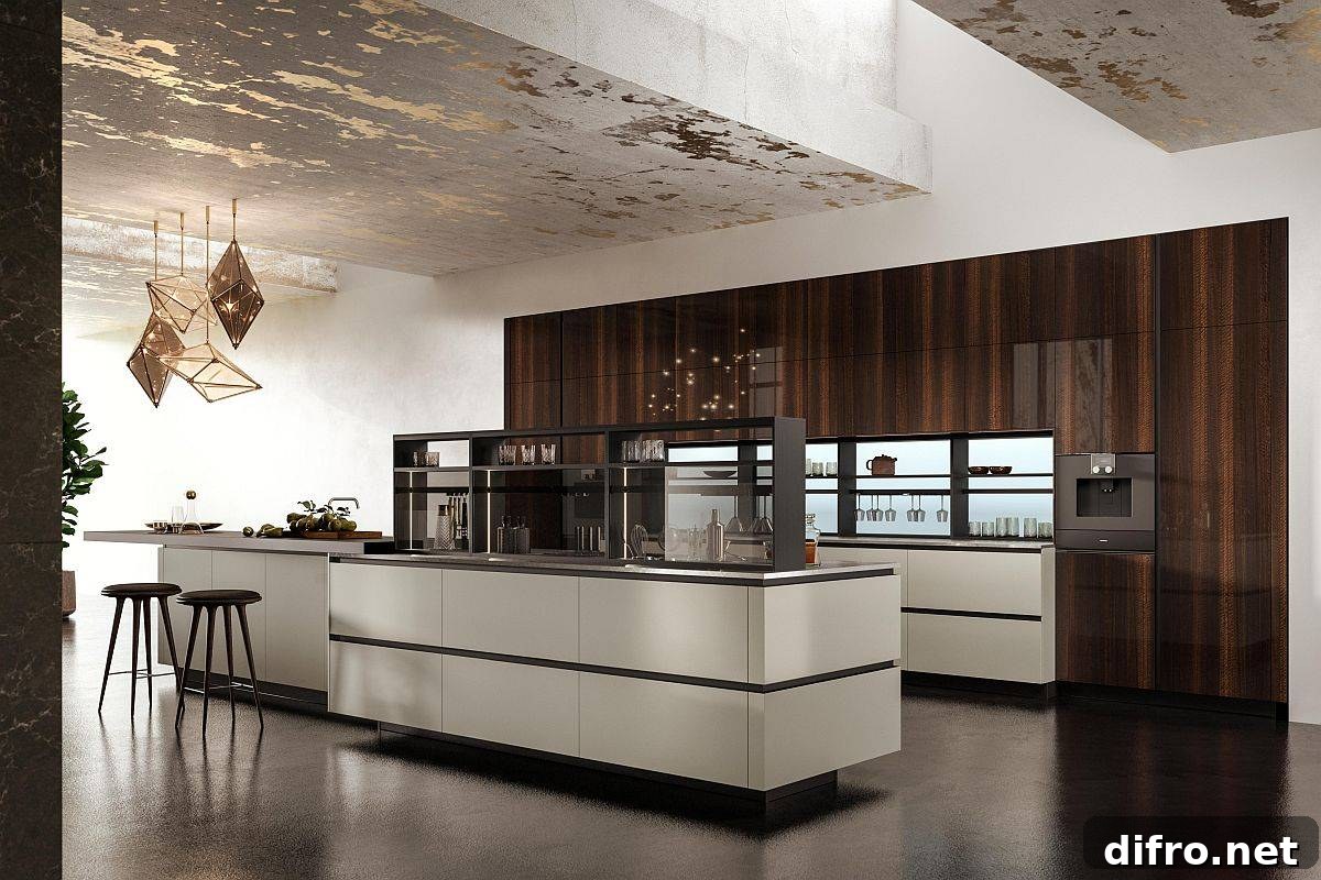Stainless steel countertops with wooden cabinets and extended island
