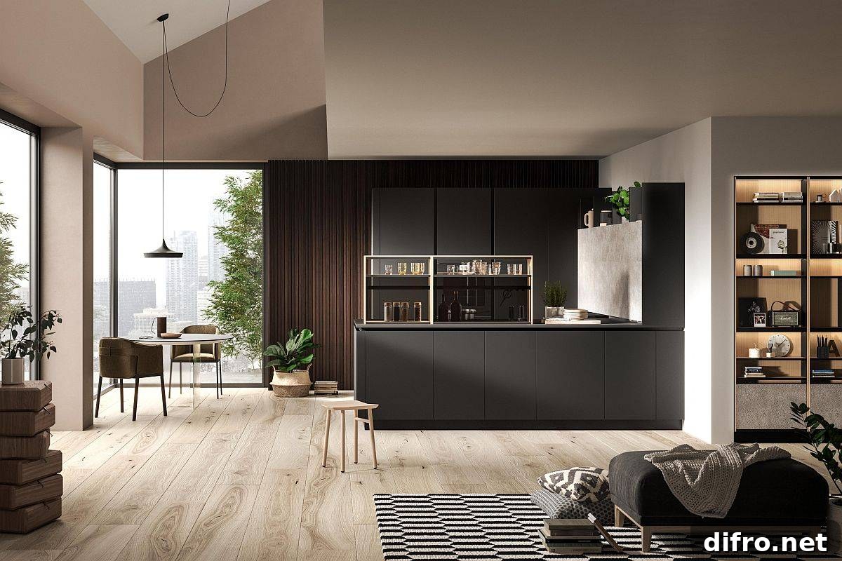 Modern corner kitchen that extends into the living area