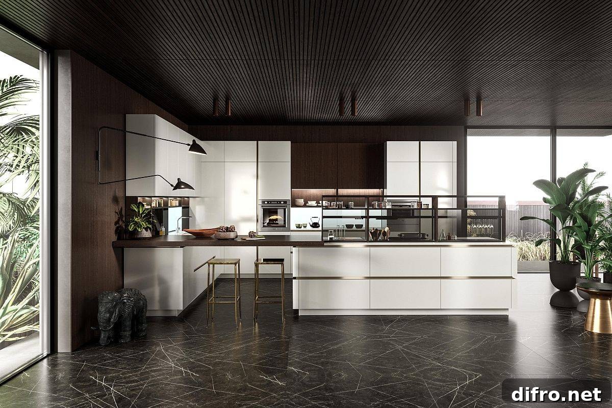 Textural contrast in ceiling and floor of contemporary kitchen