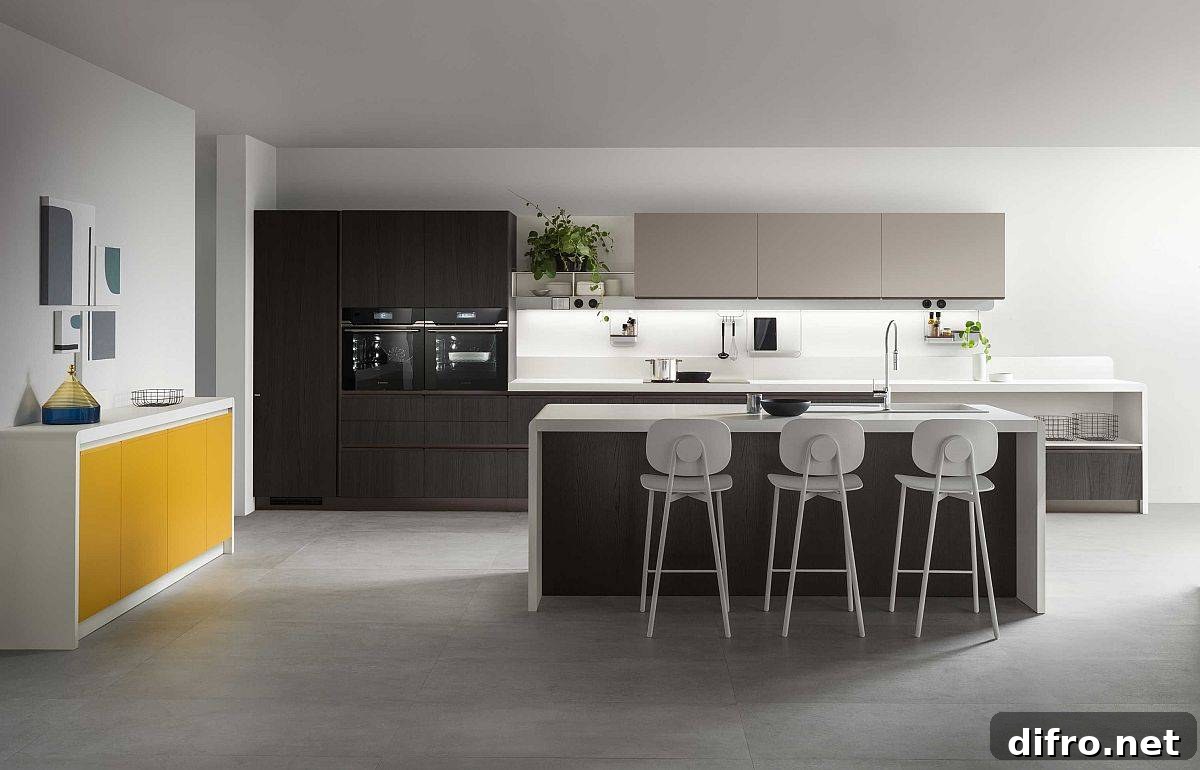 Pop of yellow on a custom credenza in a neutral kitchen